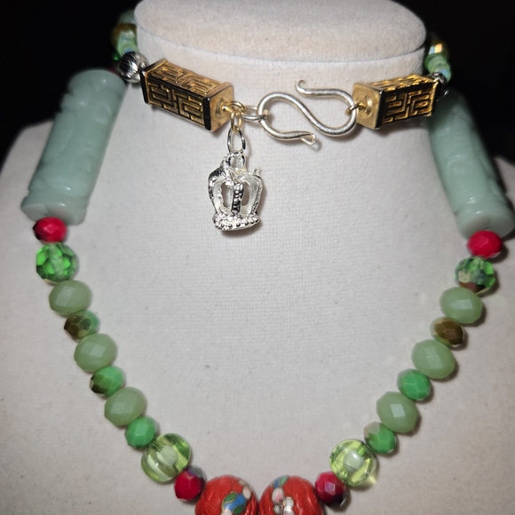 Artisan Jade & Carved Red Rose Cinnabar Crystal Necklace - Picture 11 of 11